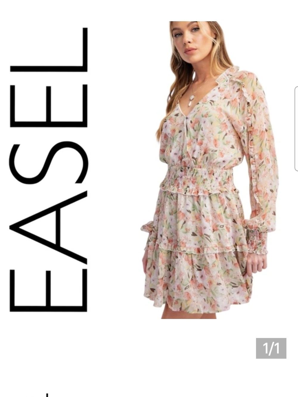 easel Pastel Floral Long Sleeve Tiered V-Neck Dress